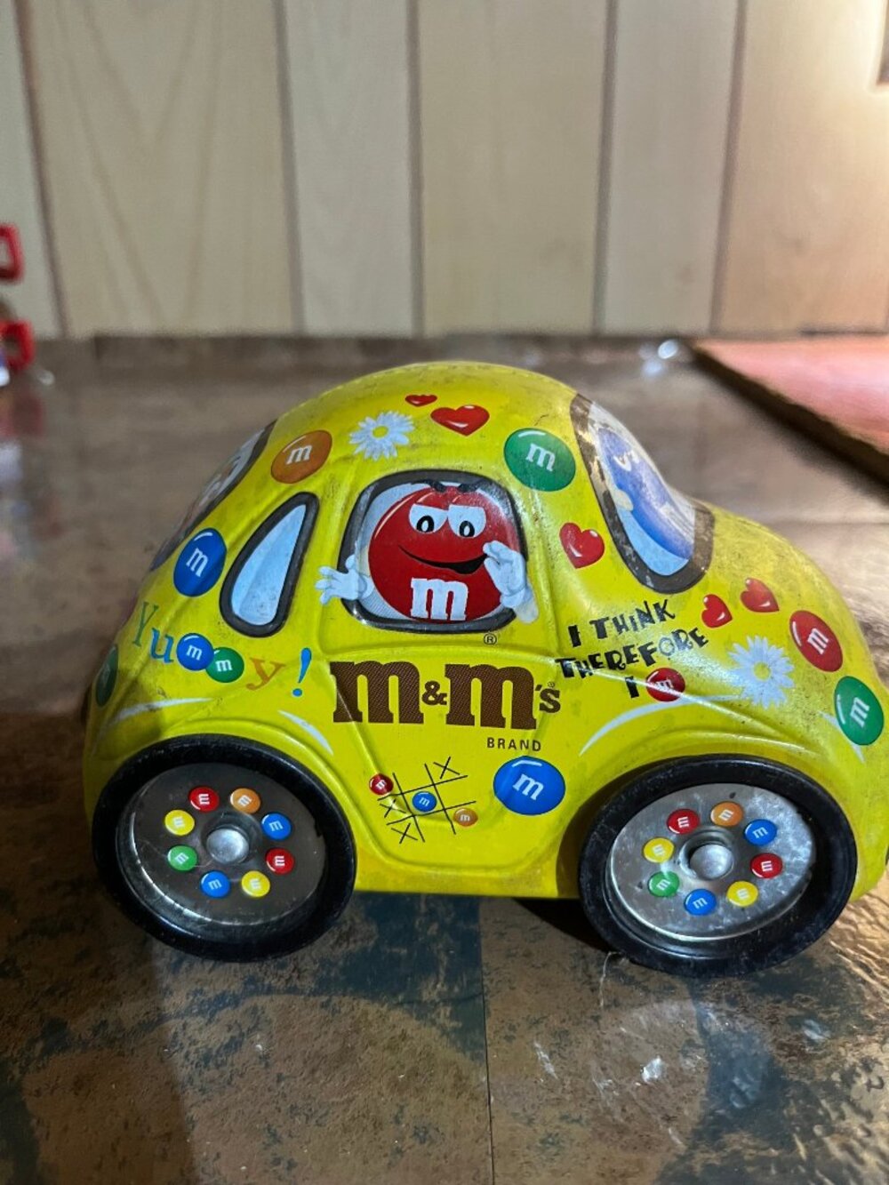 M&M's Vintage Yellow Metal Toy Car Tin Can with M&M Characters
